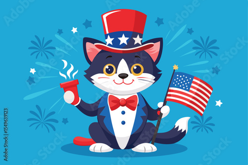 Patriotic Cat Celebrating Independence Day with American Flag and Party Favors