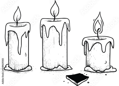 Three Melted Candles Silhouette: Hand-Drawn, Editable Vector Illustration;  Intricate Line Art, Gothic Style, Mysterious Mood, Perfect for Halloween Designs.