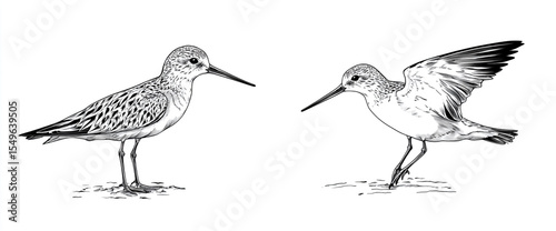 Two vector black and white illustrations of a sandpiper bird, one standing on the ground with a long beak and body, the second flying in flight and looking towards the camera