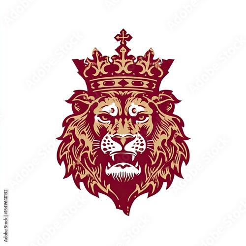 A regal king logo with a crown and lion motif medieval heraldic style deep red and gold isolated on white background