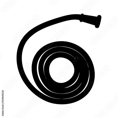 Black silhouette illustration of a coiled garden hose with a nozzle attachment