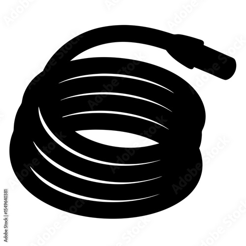 A coiled garden hose with a spray nozzle in black silhouette format
