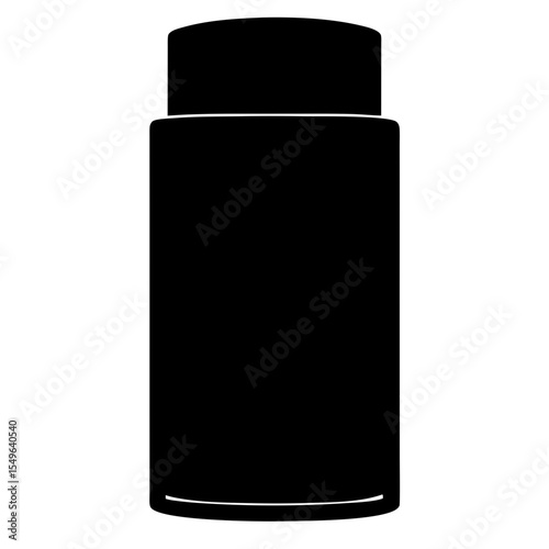 Black solid cylindrical cosmetic product container with a darker cap graphic