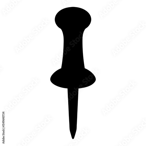 A black and white silhouette of a pushpin on a white background