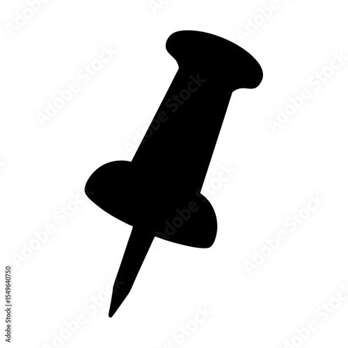 Push Pin Icon, A simple black silhouette of a push pin, ideal for design, organization, and office-related themes.
