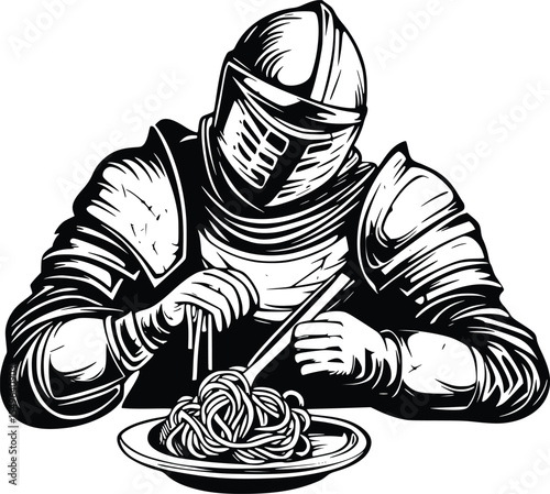 Medieval Knight Silhouette: Editable Vector Illustration of a warrior in full armor enjoying a plate of spaghetti, a humorous and dramatic monochrome design.