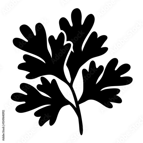 Black silhouette image of a sprig of parsley on a white background