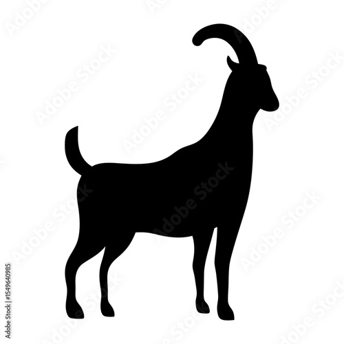 Black silhouette of a majestic goat standing on a white background