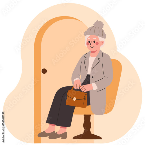 Elderly woman sitting in coat indoors. Senior lady resting alone at home. Retired woman near window in cozy room. Solitude and aging captured in calm interior. Elderly set