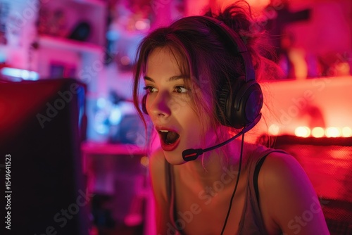 Enthusiastic gamer girl in a headset plays an online video game on her PC chatting with others Her room features vibrant warm neon LED lights Cozy night at home photo