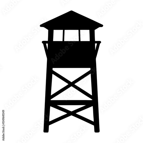 Silhouette of a tall lookout tower with a roof and crossbeams