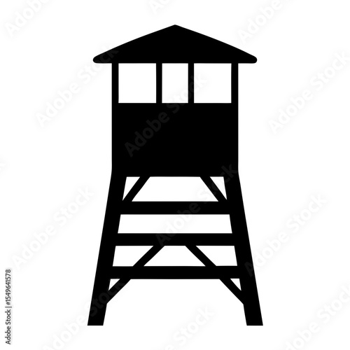Silhouette of a lifeguard tower with windows and a pointed roof