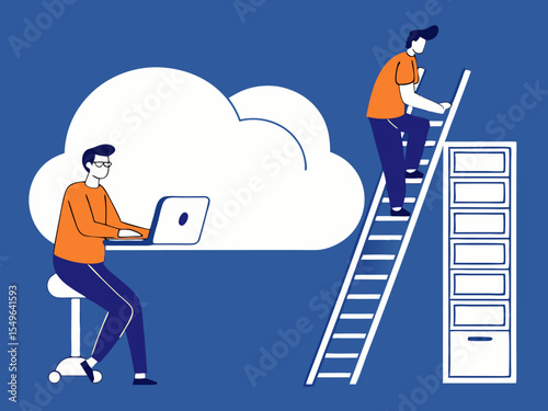Two professionals managing cloud technology with data charts gears and digital storage interface