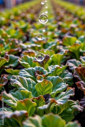 lettuce beds, droplets and humidity icons floating above, climate control farming, symbolic style, macro close up — hydroponic system, urban farm visuals