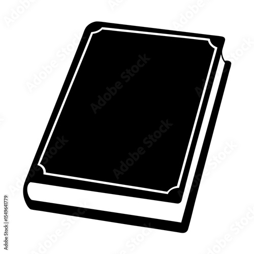 Black and white illustration of a closed book with decorative corners