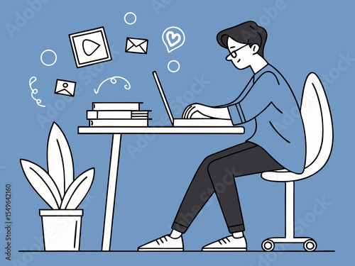 Office workspace with man using laptop and social media icons floating above desk