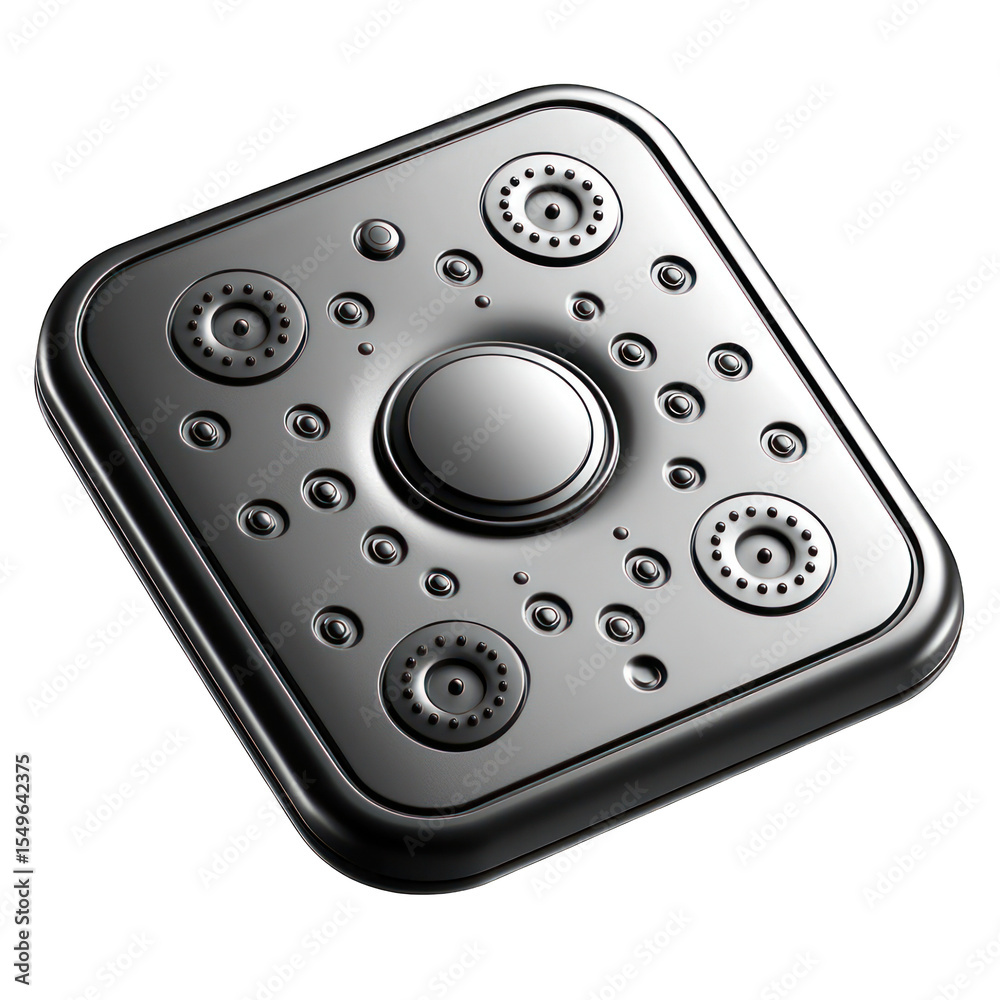 Fototapeta premium Rectangular, metallic shower head with multiple nozzles. Features a central, circular control. Modern, sleek design