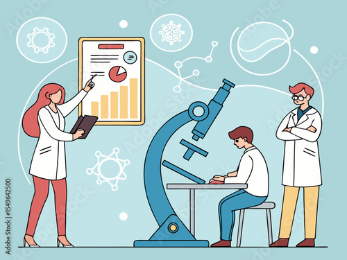 Team of scientists conducting experiments in a high tech lab with scientific diagrams