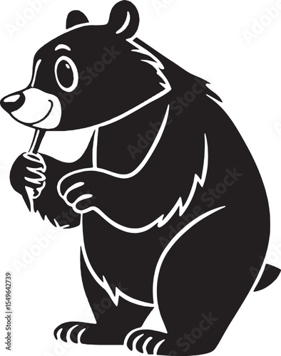 Cartoon bear silhouette licking honey off its paw, showcasing a playful and natural bear behavior in a stylized vector form.