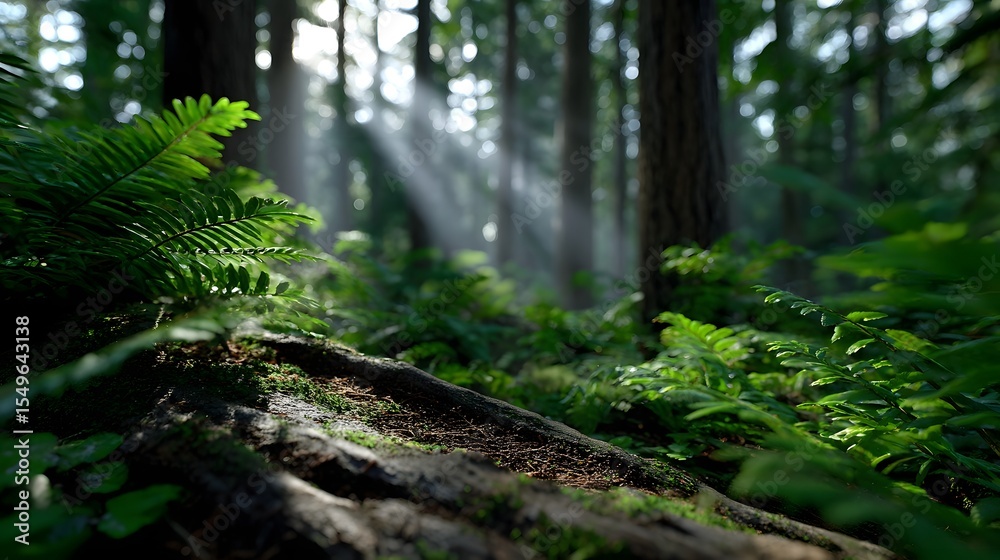 Fototapeta premium Sunlight filters through a lush, verdant forest.