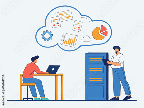 Cloud computing workspace featuring business analytics and remote team collaboration in flat vector style