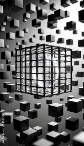 a large, intricate cube structure in the center, which is composed of numerous smaller cubes