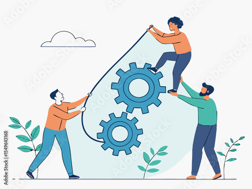 Collaborative team effort turning gears together in minimal flat vector illustration