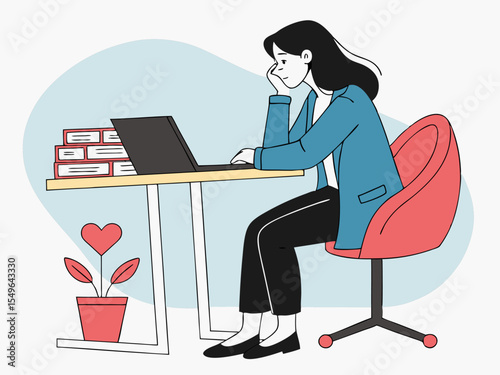 Female office worker wearing blazer sitting in modern workspace with minimalistic decor