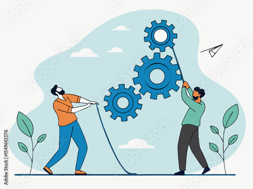 Flat design concept of teamwork and problem solving with large interconnected gears