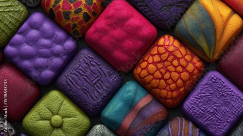 Close-up of colored rubber textures with intricate patterns, showcasing unique surface details such as graininess and raised lines. Emphasize the material beauty of product design.