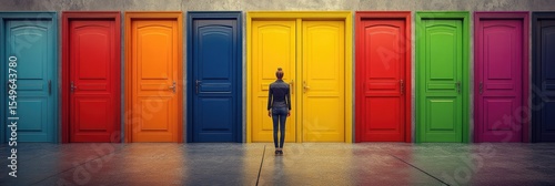 A woman stands before many colorful doors, signifying a multitude of choices