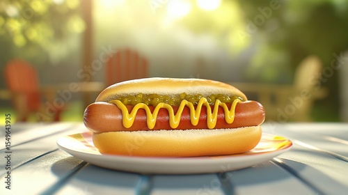 American-style hot dog in a soft bun, topped with mustard, ketchup, and relish, served on a plate placed on a picnic table with blurred background.
