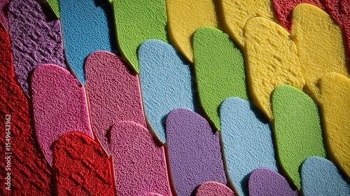 Close-up of colored rubber textures with intricate patterns, showcasing unique surface details such as graininess and raised lines. Emphasize the material beauty of product design.