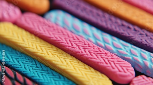 Close-up of colored rubber textures with intricate patterns, showcasing unique surface details such as graininess and raised lines. Emphasize the material beauty of product design.