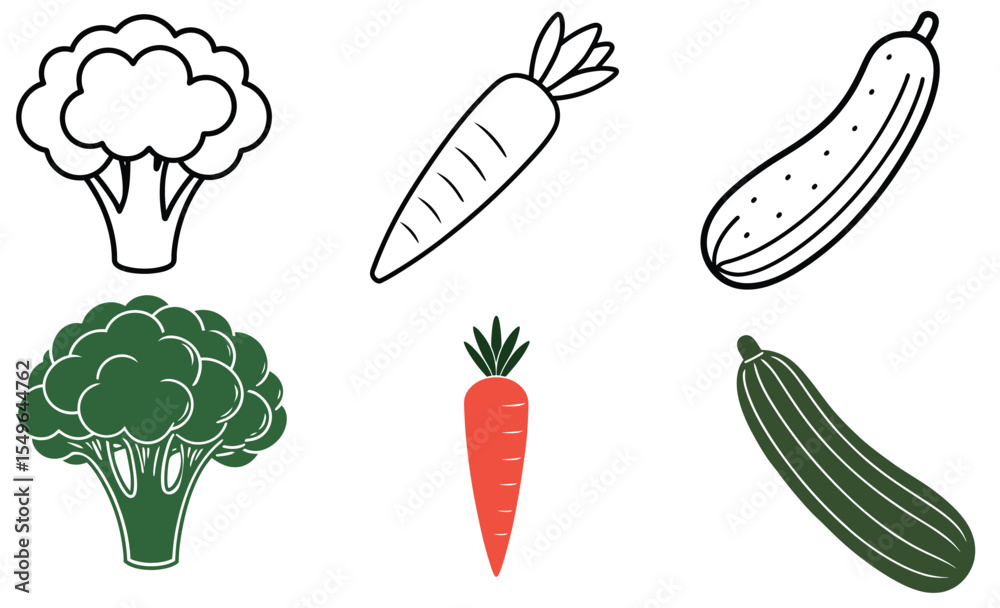 Bundle set of line art and color vector icon of broccoli carrot and cucumber on white background