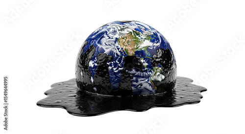 Globe drowning in oil on white background creates a striking portrayal of environmental disaster
