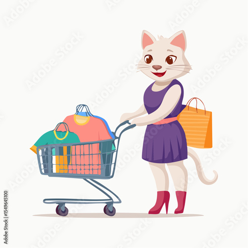 Human-Shaped Feline with Cart Full of Clothes in a Stylish Scene