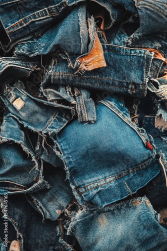 Stack of worn-out denim jeans. Texture is prominent in close-up image.