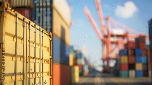 Stacked shipping containers at busy port with cranes, global logistics and supply chain transportation concept, international trade and cargo import export business