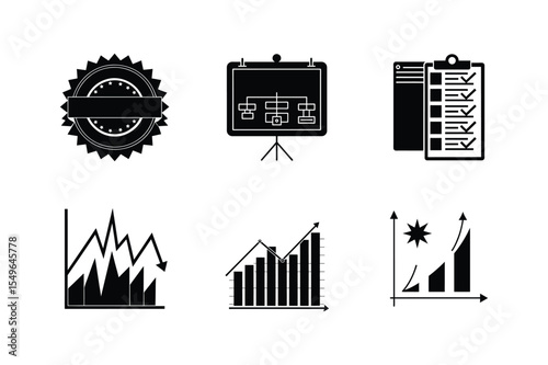 Vector icons set for business, city, and web design, featuring symbols of architecture, finance, and industry
