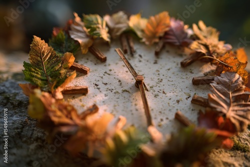 An artistic clock face crafted from autumn leaves