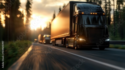 A sleek black truck drives along a winding road framed by tall trees, basking in the warm glow of a sunset, evoking a sense of journey and adventure in nature's embrace.