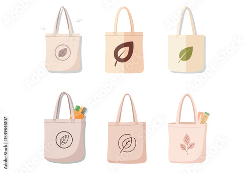 Reusable tote bag with leaf emblem in soft neutral tones, flat vector illustration of eco-friendly lifestyle on white