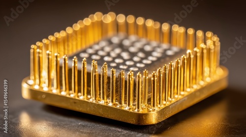 Closeup of a Gold Plated Microchip with Fine Pins on a Dark Background Highlighting Advanced Technology Details