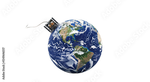 Ticking time bomb shaped like Earth with a fuse on a white background in high clarity