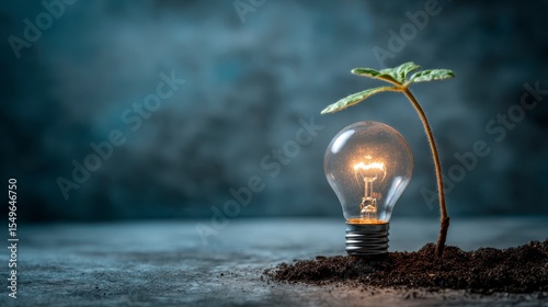 Illuminated Light Bulb Representing Sustainability and Growth of a Young Plant in Dark Background