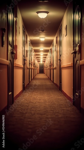 Mysterious Hotel Hallway with Soft Lighting and Inviting Doors Leading to Unknown Destination