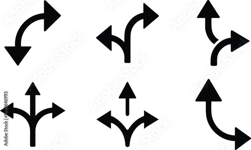 Set of six black direction arrows in various curved and split path styles on white background
