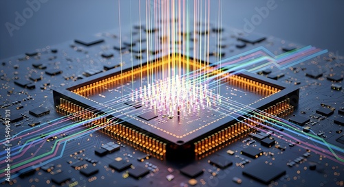 Silicon photonics chip emitting light beams to illustrate data transmission