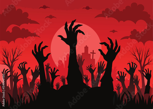 A dramatic illustration showcasing numerous zombie hands reaching upwards against a backdrop of a blood-red moon and barren trees.